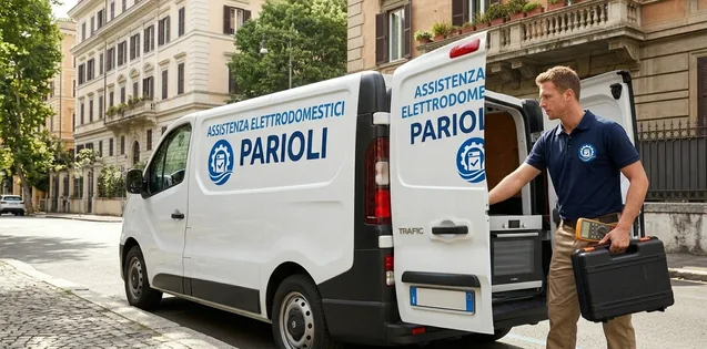 Assistenza Bosch Parioli Roma. Tecnico Che apre furgone per fornire assistenza Bosch nella zona dei Parioli