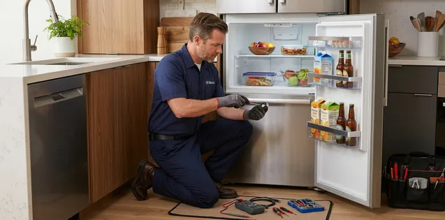 Riparazione Frigorifero Bosch Prati, con cliente: Tecnico che ripara la frigorifero Bosch con la cliente presente