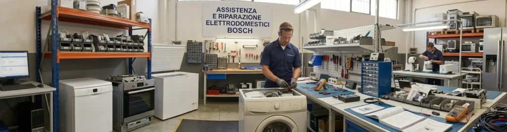 Assistenza Bosch Parioli. Tecnici che riparano in laboratorio elettrodomestici Bosch, zona Parioli